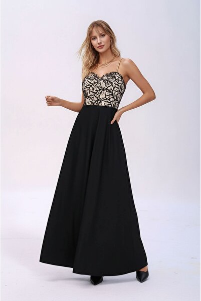 MAMAYAGA Rochie de seara maxi neagra Ecru fara bretele - Decolteu cu inima si rochie curbata din dantela