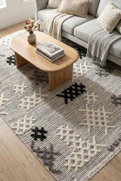 HalınıAl Step 2205 Gri - Dokulu Etnik Desenli Gri Halı
