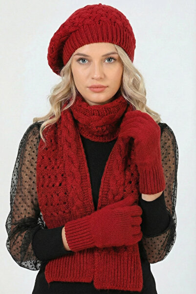 nacar çarşı طقم قفازات وشاح نسائي منقوش من 3 قطع باللون العنابي - طقم تريكو شتوي