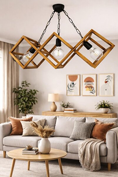 Brothers Craft Doğal Eskitme 3'lü Ahşap Kare Çerçeveli Avize – Siyah Zincir A...