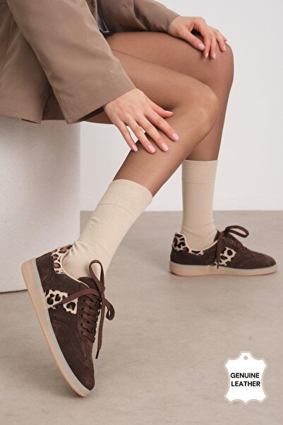 Mio Gusto Nicole Hakiki Süet Leopar Garnili Kahverengi Kadın Günlük Spor Ayakkabı