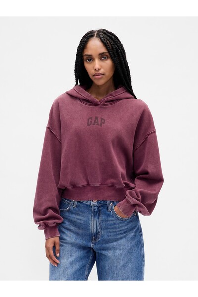 GAP Kadın Bordo VintageSoft Crop Logo Sweatshirt