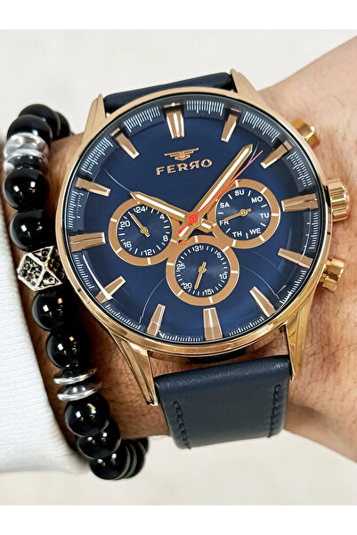 FERRO Lacivert Deri Kordon Erkek Kol Saati FM11180B-T Fonksiyonları Aktif 3 ATM Su Geçirmez Bilek Hediyeli