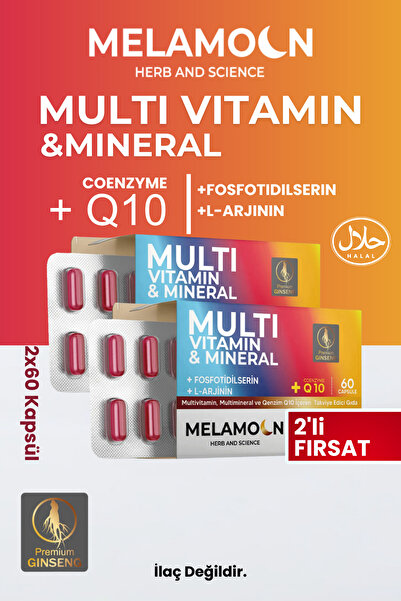 Melamoon Multivitamin , Tam Destek , Multimineral & Coenzim(KOENZİM) Q10 Kapsül, Multivitamin (2x60 Kapsül)