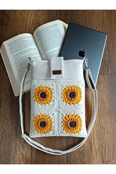AKSESUARSEPETİ El Yapımı Ayçiçek Desenli Motifli Astarlı Taşıma Askılı Cepli ...