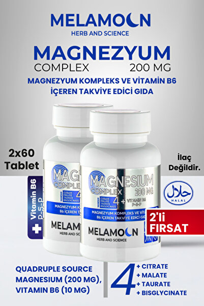 Melamoon Magnezyum Kompleks Ve Vitamin B6 (p-5-p) (bisglisinat,malat,taurat,sitrat) (2x60 Tablet)