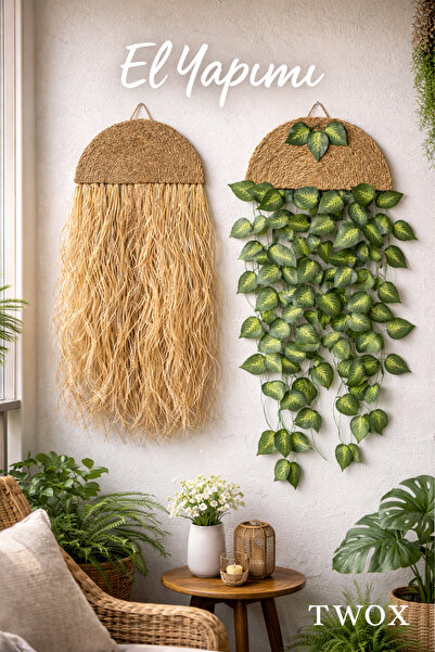 TWOX El Yapımı Bohem Hasır Duvar Süsü – Doğal Rafya ve Yapraklı Duvar Dekoru | Balkon & Salon Dekorasyonu