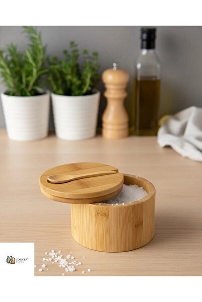 Concept Bambu Kayar Kapaklı Kaşıklı Baharatlık , Tuzluk ve Şekerlik Kutusu, M...