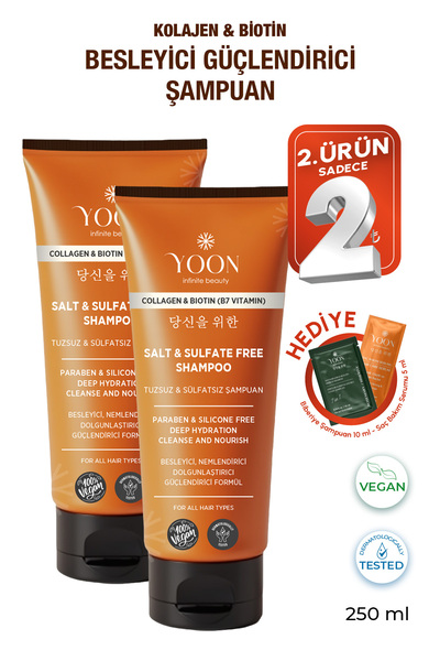 YOON 2'li Sülfatsız ve Tuzsuz Şampuan, Kolajen Biotin B7 İçerikli Parabensiz ...