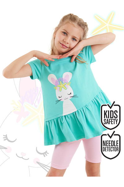Denokids Deniz Tavşanı Kız Çocuk Yazlık Fırfırlı T-shirt Tayt Takım