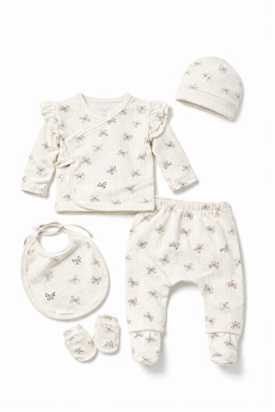 Akcan Fırfırlı Papyon/Fiyonk Desenli Fitilli (Ribana) 5'li Yenidoğan Kız Bebe...