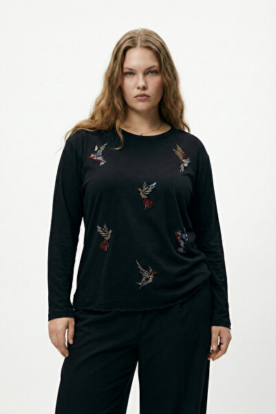 Mivoon Women's Plus Size Crew Neck Long Sleeve Stone Detailed Stretchy Blouse