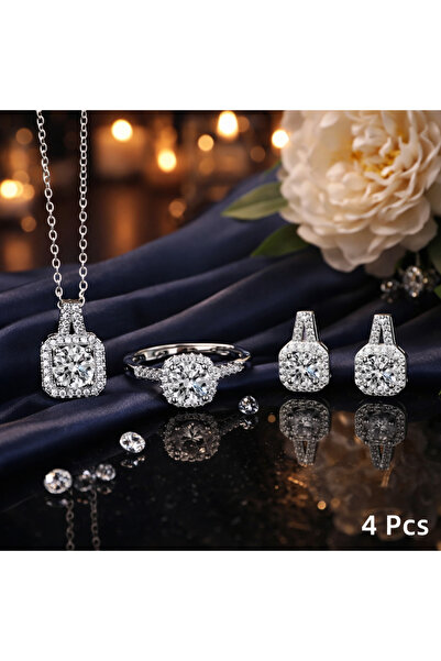 Julietta 4 adet Parıltılı Küp Zirkonya Takı Seti! Kolye , Yüzük, Küpe Kombina...