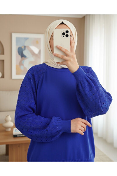 Modamorfo Kolları Ajurlu Kadın Triko Kazak -Saks