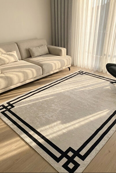 VOPTEKS Beyaz Siyah Halı Salon Halısı Makinede Yıkanabilir Halı Kaymaz Taban ...