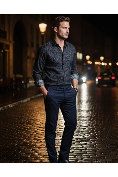 YusGos Uzun Kollu Pamuklu Desenli Regular Fit Erkek Gömlek