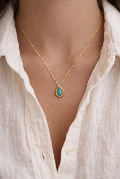 Owentis Steel Gold Blue Stone Gökçeada Necklace -No Tarnishing-