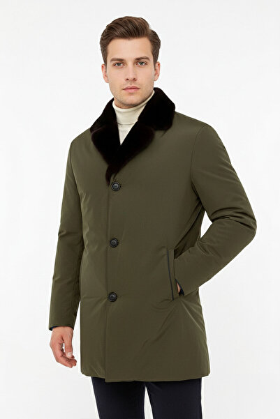 Deriderim Haki Yeşil Kumaş Hugo Yakası Kürk Su Geçirmez Erkek Kaban
