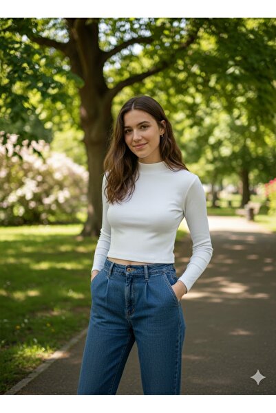 MADAM SHİLA أبيض DARKALIP SLIMFIT القطن وهمية الرقبة طويلة الأكمام الجسم نصف ...