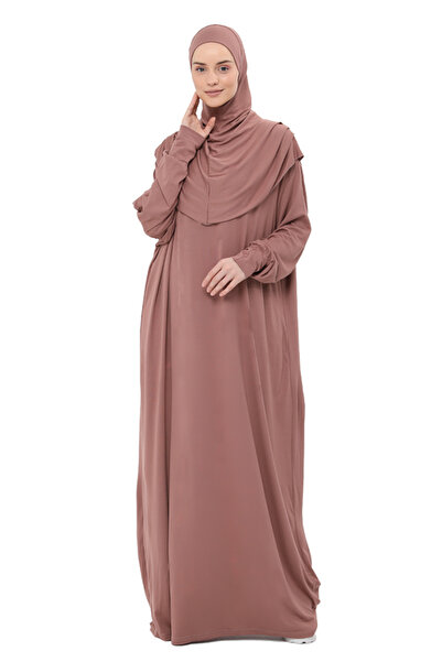 Altobeh Pratik Tek Parça Pamuklu Yarasa Kollu Tak Çıkar Başörtülü Organik Namaz Elbisesi Toprak