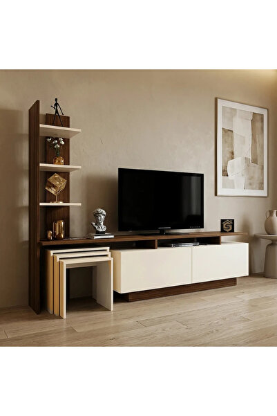 Stylish Home طاولة تلفزيون 200 سم مع 3 طاولات خدمة بني وبيج - TV06