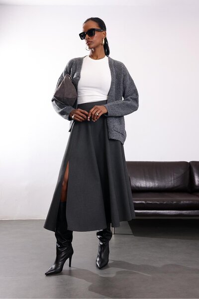 5in1Canpolat Antrasit Yırtmaçlı Godeli Etek 05175