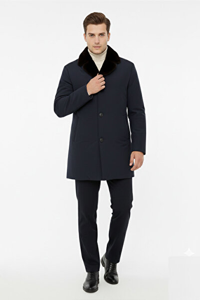 Deriderim Lacivert Kumaş Hugo Yakası Yünlü Su Geçirmez Erkek Kaban
