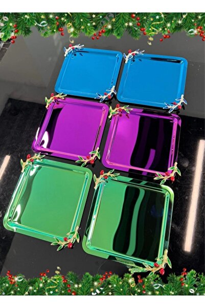 SİNİ Zeytin Dal Aksesuarlı Paslanmaz Çelik 6 Adet Kare Lüx Renkli Kahve, Çay Sunum Servis Tepsisi