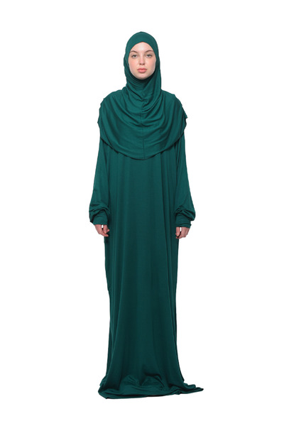 Altobeh Pratik Tek Parça Pamuklu Yarasa Kollu Tak Çıkar Başörtülü Organik Namaz Elbisesi Yeşil
