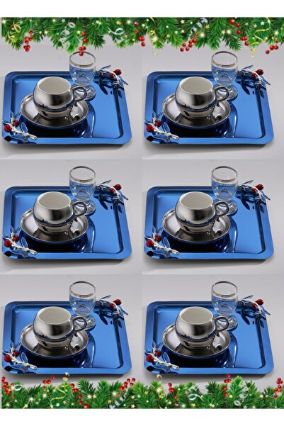 SİNİ Zeytin Dalı Aksesuarlı Paslanmaz Çelik 6 Adet Kare Lüx Mavi Kahve, Çay Sunum Servis Tepsisi