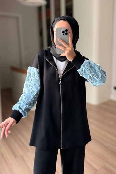 Ka Hijab كارديجان محبوك بأكمام من الدنيم - أسود