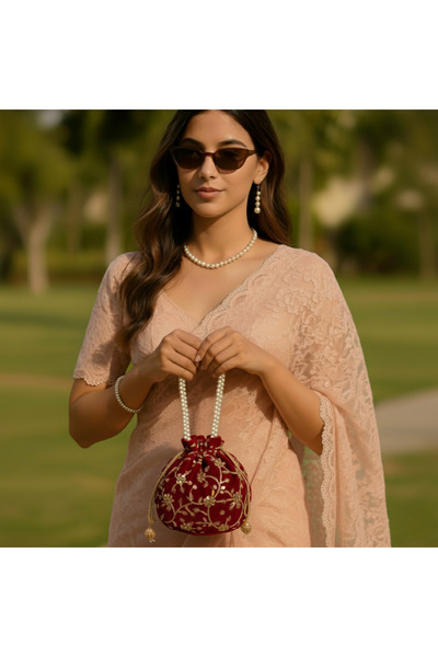 KIYAY Handcrafted Silk Potli Bag for Women Traditional, Perfect for Weddings & Special Occasions Maroon