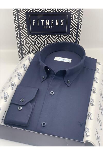 Fitmens قميص رجالي قطني بأكمام طويلة وقصة ضيقة سهل الكي مع علبة هدايا FS-002225 - أزرق داكن