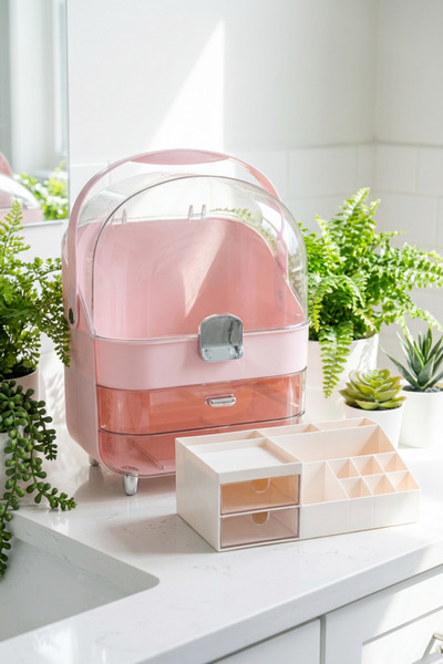 MAKRİ HOME Çok Bölmeli Şeffaf Çekmeceli Makyaj & Kozmetik Organizeri Pembe ve...