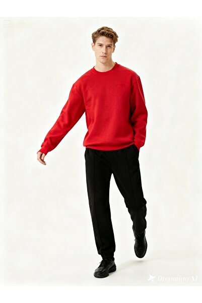 REFABYA Erkek Bisiklet Yaka Basic Kırmızı 3 İplik İçi Polarlı Şardonlu Sweatshirt