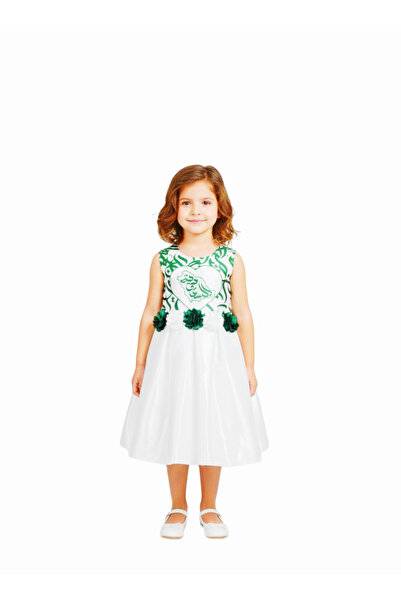 FASHION فستان بناتي اليوم الوطني السعودي ​صدرية بدون أكمام بنقشة خضراء وبيضاء.