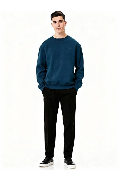 REFABYA Erkek Bisiklet Yaka Basic Lacivert 3 İplik İçi Polarlı Şardonlu Sweatshirt