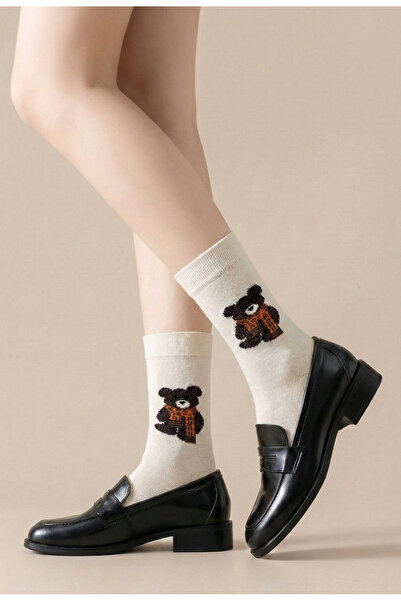 FENRA STUDIO جوارب نسائية قطنية لطيفة بنمط دب تيدي أبيض