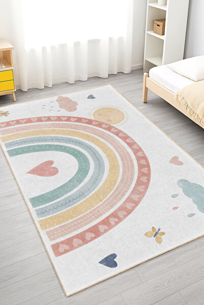 Realhomes Kalp Desenli Renkli Çocuk Odası Yıkanabilir Kaymaz Taban Halı