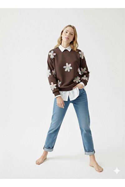 ribana Women's Floral Tulle Detailed Embroidered Shirt Collar Three Thread Thick Sh Fleece-Lined O Oversized Sweatshirt Tunic