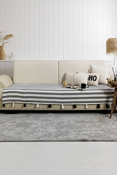 Lux Touch Liva Ponponlu Siyah Koltuk Örtüsü 115 x 200 cm Kanepe Divan Çekyat Berjer Örtüsü Şalı Püsküllü