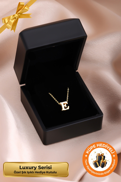Lucente Jewellery Işıklı Yeni Nesil Hediye Kutulu E Harfi 925 Ayar Gümüş Kaplama Harfli 3D Boyutlu Altın Harf Kolyesi
