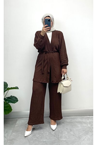 NİSUM MODA طقم مكون من قطعتين سترة وسروال بحزام منقوش من قماش Gofre