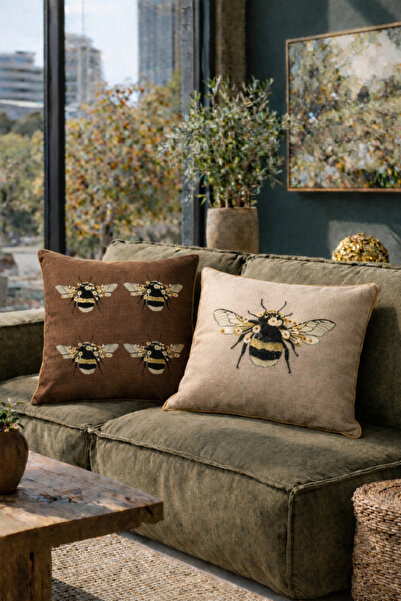 Alacastore Set de 2 perne decorative cu model de albine, fundal maro, cu nerv...