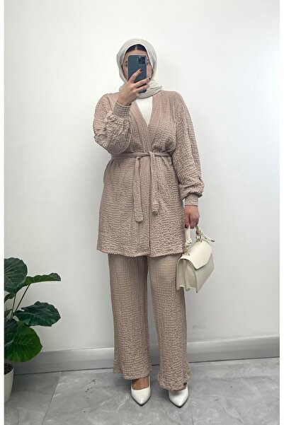 NİSUM MODA طقم مكون من قطعتين سترة وسروال بحزام منقوش من قماش Gofre