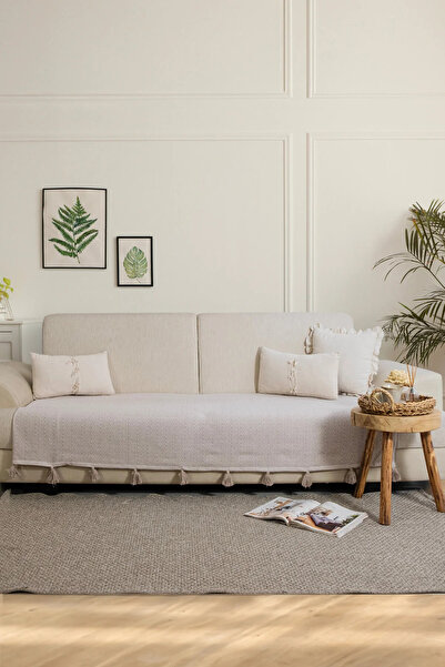 Lux Touch Lavi Ponponlu Bej Koltuk Örtüsü 115 x 200 cm Kanepe Divan Çekyat Berjer Örtüsü Şalı Püsküllü