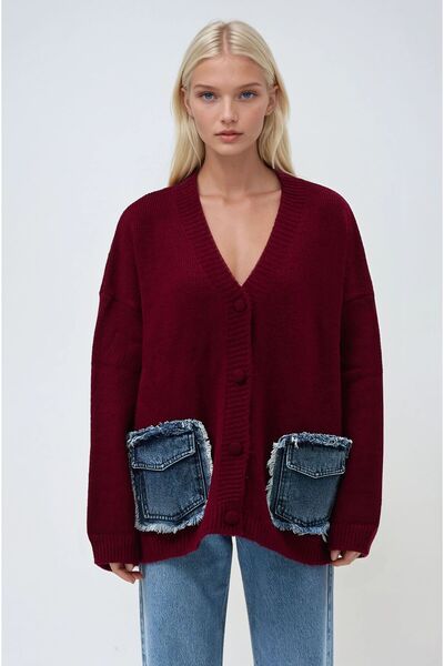 Lijuri Cardigan tricotat cu detalii din denim Burgundy Blanc 5187