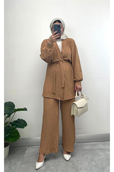 NİSUM MODA Set de două piese cardigan și pantaloni cu textura Seersucker