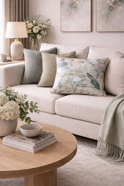 Jinju Concept %100 Pamuk Krem Turkuaz Yeşil Çiçek Desenli Biyeli Kare Kırlent...