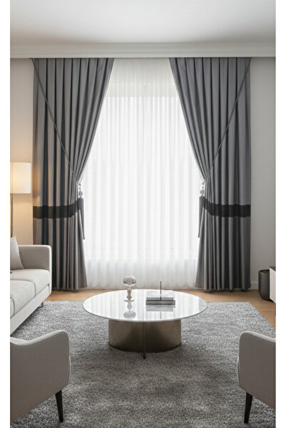 TÜLHOME BORDÜR-Pano Fon Perde (Bağlama Kordon Hediyeli) Gümüş Gri,Siyah,Antra...